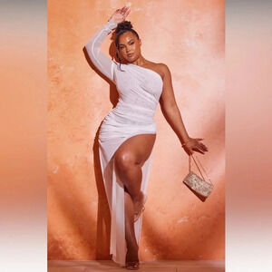 PLT Plus White Sheer Mesh Ruched Skirt Detail Thigh Split Maxi Dress